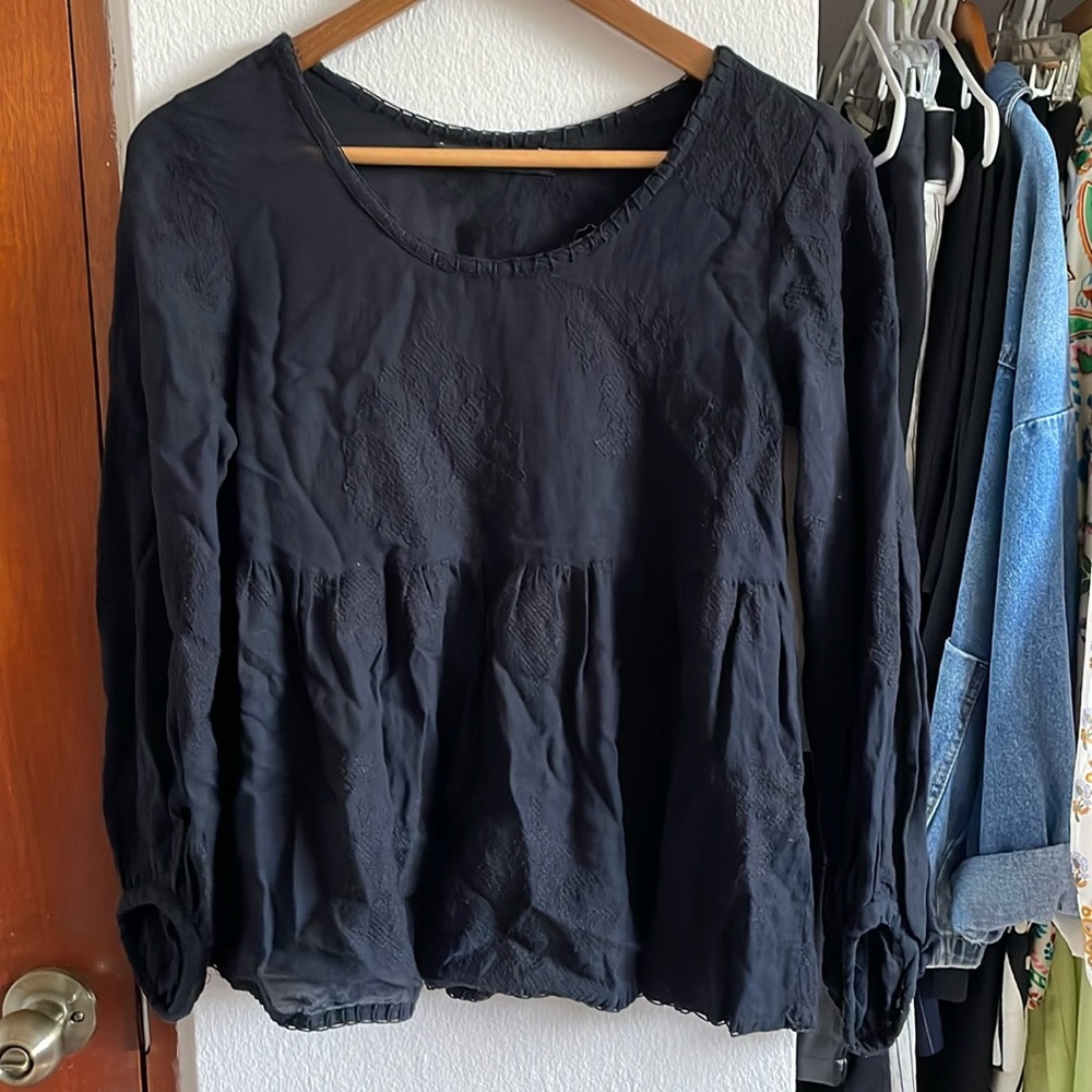 Zara Boho Black Embroidered Blouse Top Size XS
